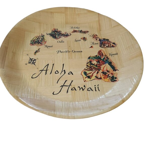 Hawaii Souvenir Shallow Platter Bowl Tray Woven Bamboo of Hawaiian Islands Map - Picture 6 of 15